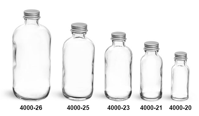 Glass Bottles, Clear Glass Boston Rounds With Lined Aluminum Caps