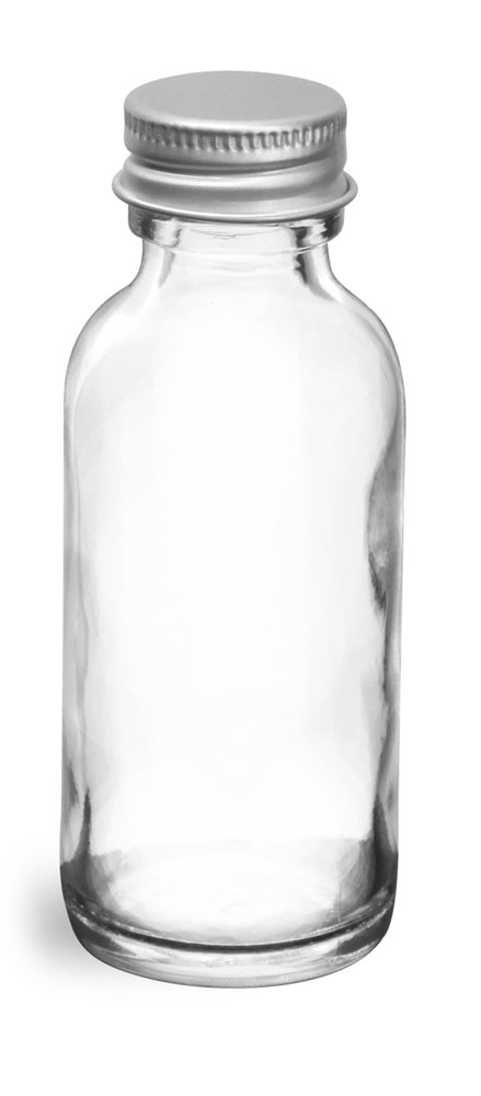 1 oz  Clear Glass Round Bottles w/ Lined Aluminum Caps
