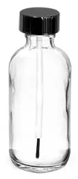 2 oz      Clear Glass Boston Round Bottles w/ Black Brush Caps