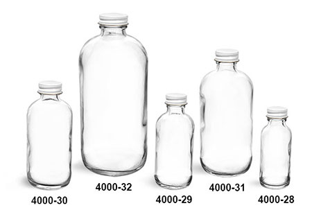 Glass Bottles, Clear Glass Boston Round Bottles With Foil Lined White Metal Caps