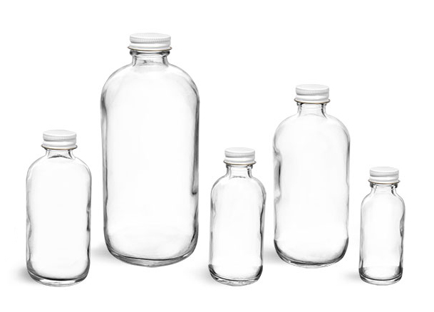 Glass Bottles, Clear Glass Boston Round Bottles w/ Foil Lined White Metal Caps