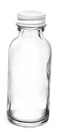 1 oz  Clear Glass Round Bottles w/ Foil Lined White Metal Caps