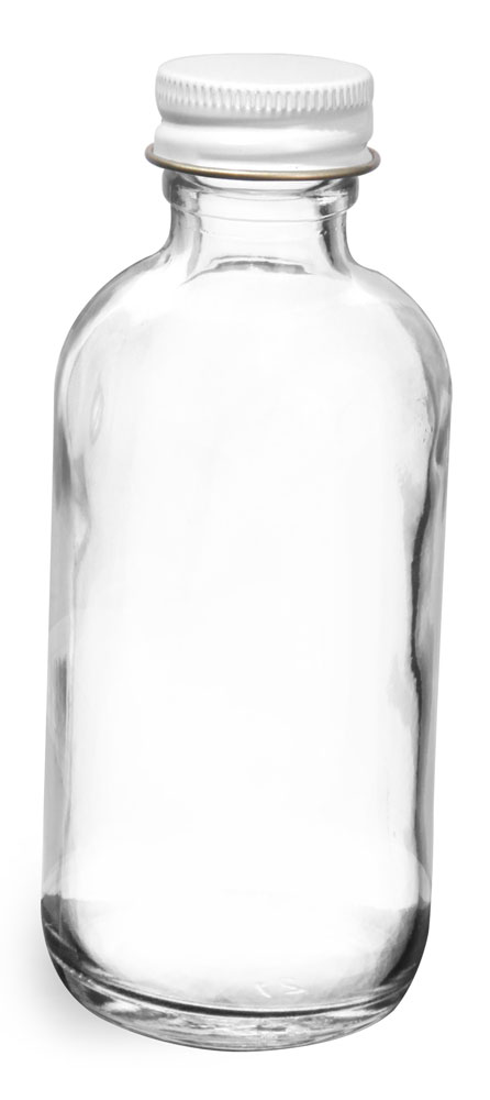 2 oz  Clear Glass Round Bottles w/ Foil Lined White Metal Caps