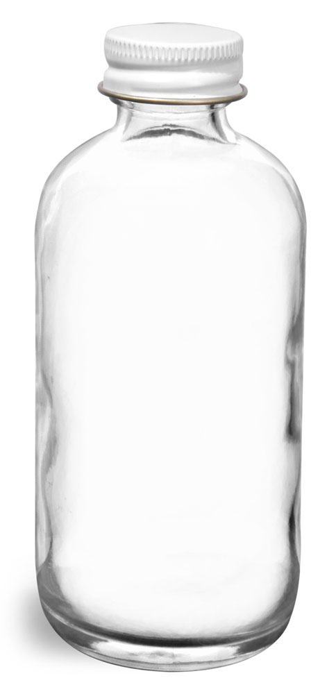 4 oz  Clear Glass Round Bottles w/ Foil Lined White Metal Caps