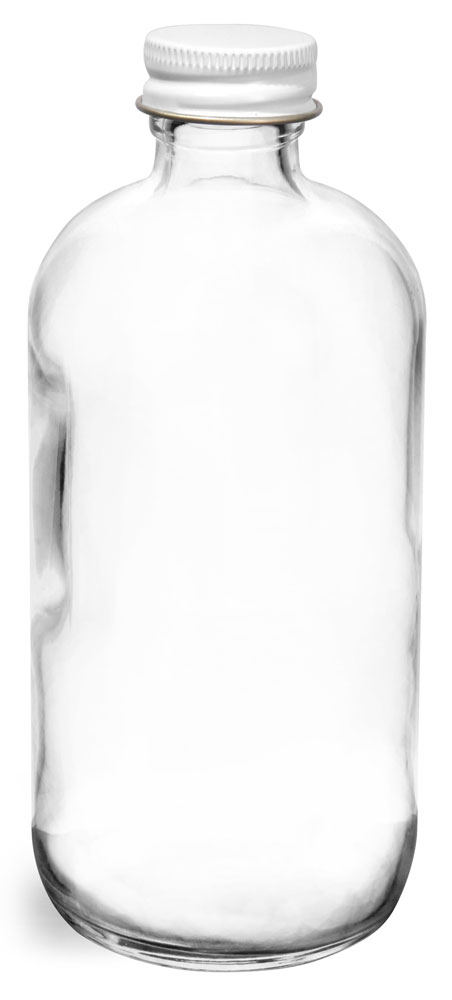 8 oz  Clear Glass Round Bottles w/ Foil Lined White Metal Caps