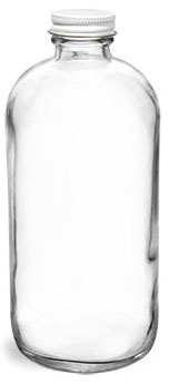 Glass Bottles, Clear Glass Boston Round Bottles w/ Foil Lined White Metal Caps