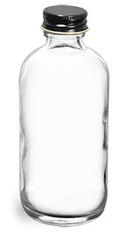 Glass Bottles, Clear Glass Boston Round Bottles With Foil Lined Black Metal Caps