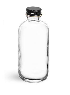 Glass Bottles, Clear Glass Boston Round Bottles w/ Foil Lined Black Metal Caps