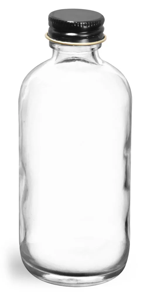 4 oz  Clear Glass Round Bottles w/ Foil Lined Black Metal Caps