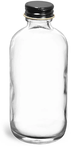 Glass Bottles, Clear Glass Boston Round Bottles w/ Foil Lined Black Metal Caps