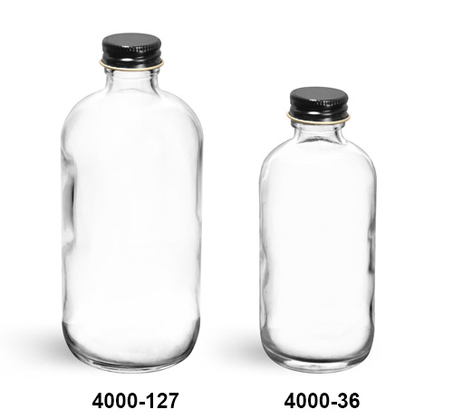 Glass Bottles, Clear Glass Boston Round Bottles With Foil Lined Black Metal Caps