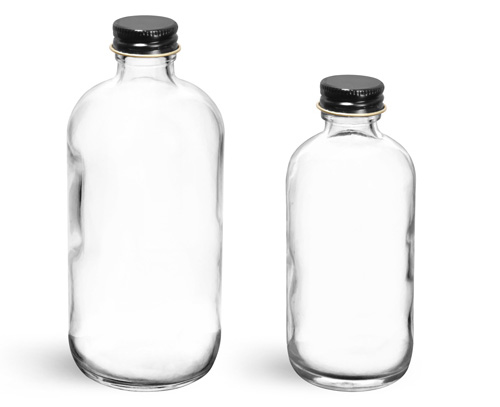 Glass Bottles, Clear Glass Boston Round Bottles w/ Foil Lined Black Metal Caps