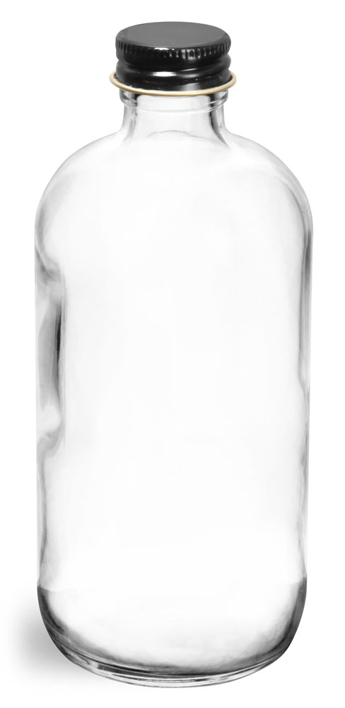 Download SKS Bottle & Packaging - 4 oz Clear Glass Round Bottles w/ Foil Lined Black Metal Caps