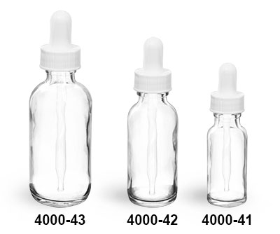 Glass Bottles, Clear Glass Boston Round Bottles With White Bulb Glass Droppers