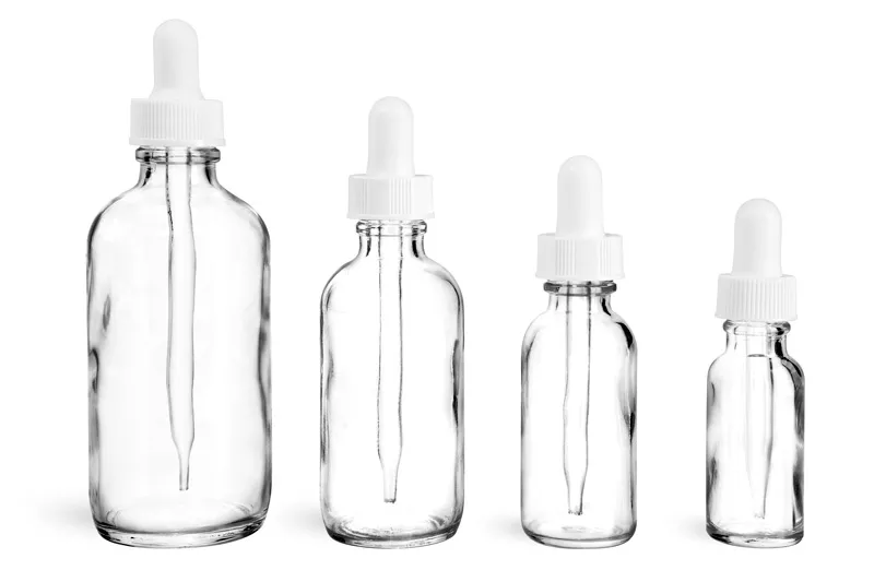 Clear Glass Bottles, Glass Boston Round Bottles w/ White Bulb Glass Droppers