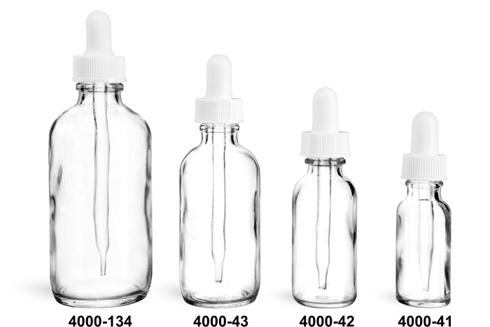 Glass Bottles, Clear Glass Boston Round Bottles With White Bulb Glass Droppers