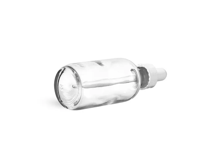 1/2 oz   Clear Glass Round Bottles w/ White Bulb Glass Droppers