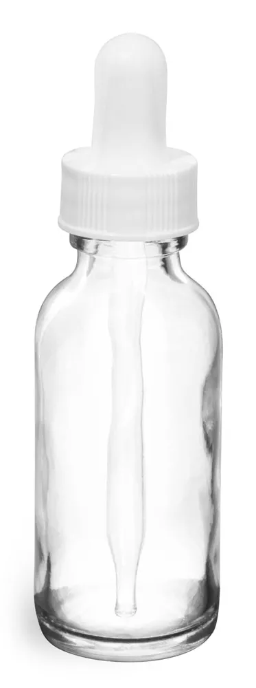 1 oz   Clear Glass Round Bottles w/ White Bulb Glass Droppers