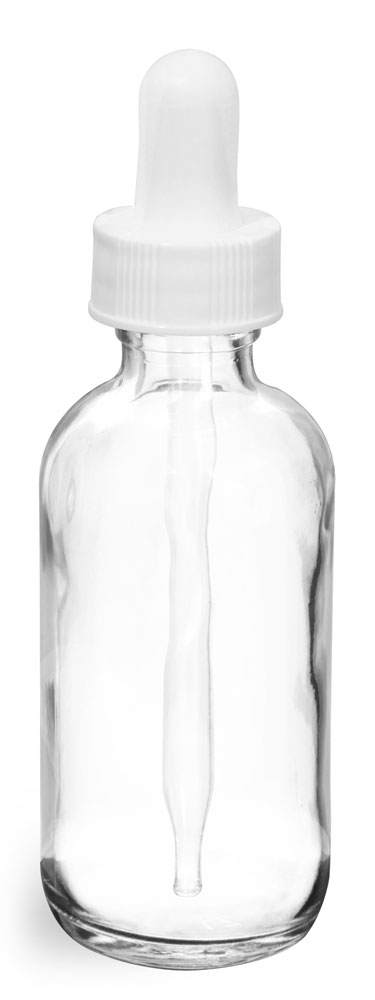 2 oz    Clear Glass Round Bottles w/ White Bulb Glass Droppers