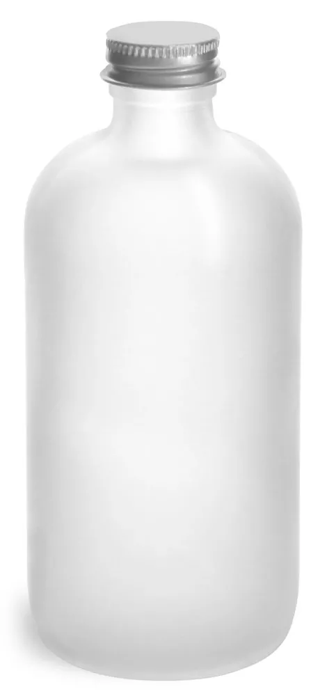 8 oz       Frosted Glass Round Bottles w/ Lined Aluminum Caps
