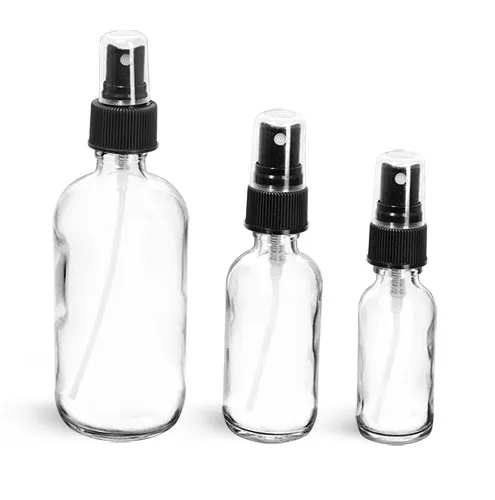Glass Bottles, Clear Glass Boston Round Bottles w/ Black Ribbed Fine Mist Sprayers