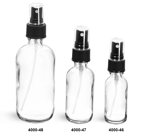 Glass Bottles, Clear Glass Boston Round Bottles w/ Black Ribbed Fine Mist Sprayers