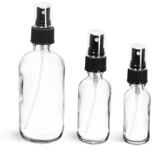 Glass Bottles, Clear Glass Boston Round Bottles w/ Black Ribbed Fine Mist Sprayers