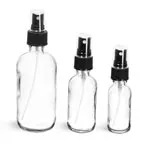 Glass Bottles, Clear Glass Boston Round Bottles w/ Black Ribbed Fine Mist Sprayers
