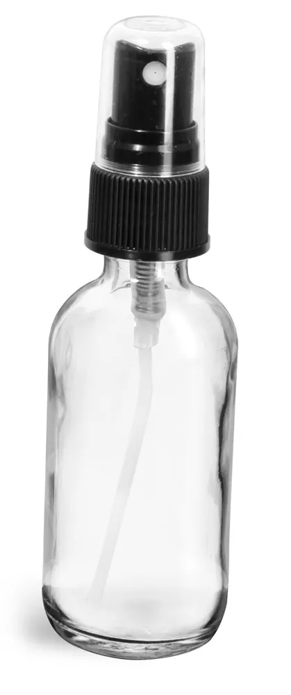 2 oz     Clear Glass Round Bottles w/ Black Fine Mist Sprayers
