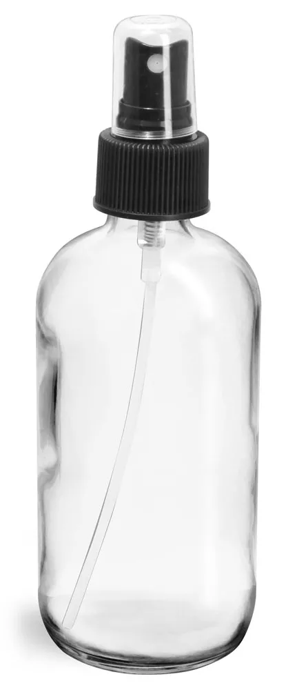 8 oz     Clear Glass Round Bottles w/ Black Fine Mist Sprayers