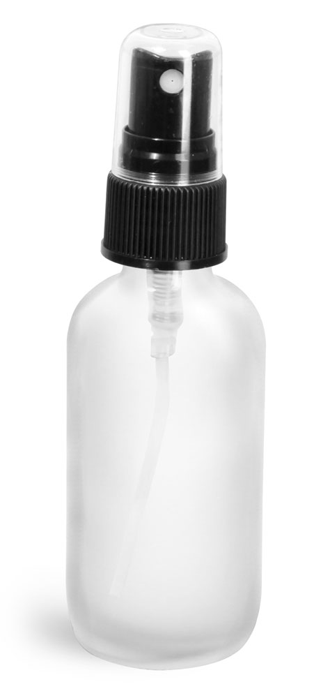2 oz Frosted Glass Round Bottles w/ Black Fine Mist Sprayers