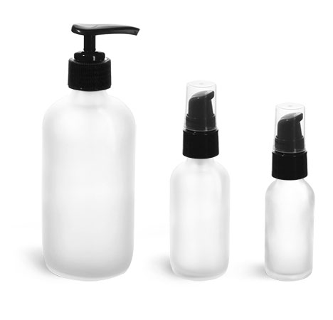 Frosted Glass Boston Round Bottles w/ Black Treatment Pumps