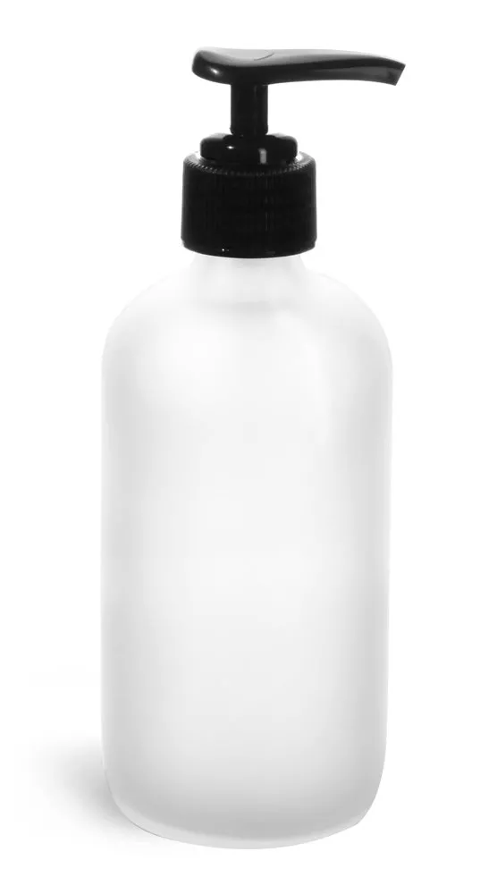 8 oz      Frosted Glass Round Bottles w/ Black Pumps