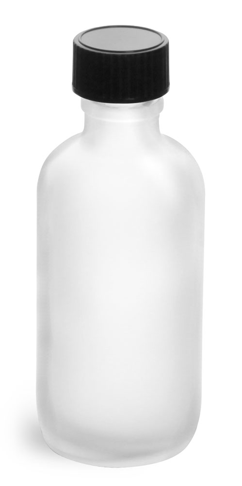 2 oz Frosted Glass Round Bottles w/ Black Phenolic Cone Lined Caps
