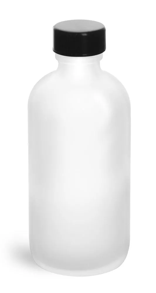 4 oz         Frosted Glass Round Bottles w/ Black Phenolic Cone Lined Caps