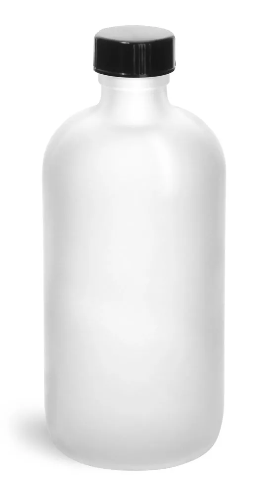 8 oz         Frosted Glass Round Bottles w/ Black Phenolic Cone Lined Caps