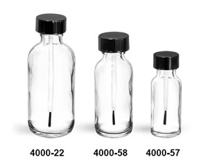Glass Bottles, Clear Glass Boston Round Bottles w/ Black Brush Caps