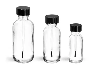 Glass Bottles, Clear Glass Boston Round Bottles w/ Black Brush Caps