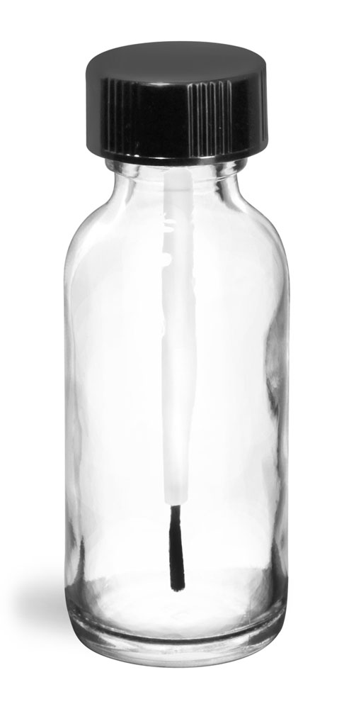 1 oz Clear Glass Boston Round Bottles w/ Black Brush Caps