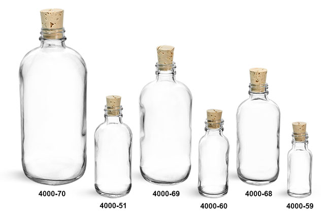Glass Bottles, Clear Glass Boston Round Bottles w/ Cork Stoppers
