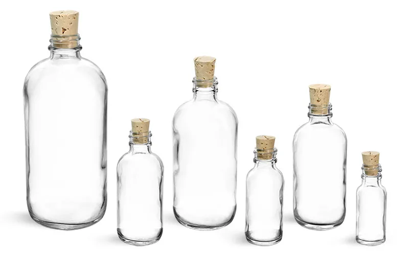 Glass Bottles, Clear Glass Boston Round Bottles w/ Cork Stoppers