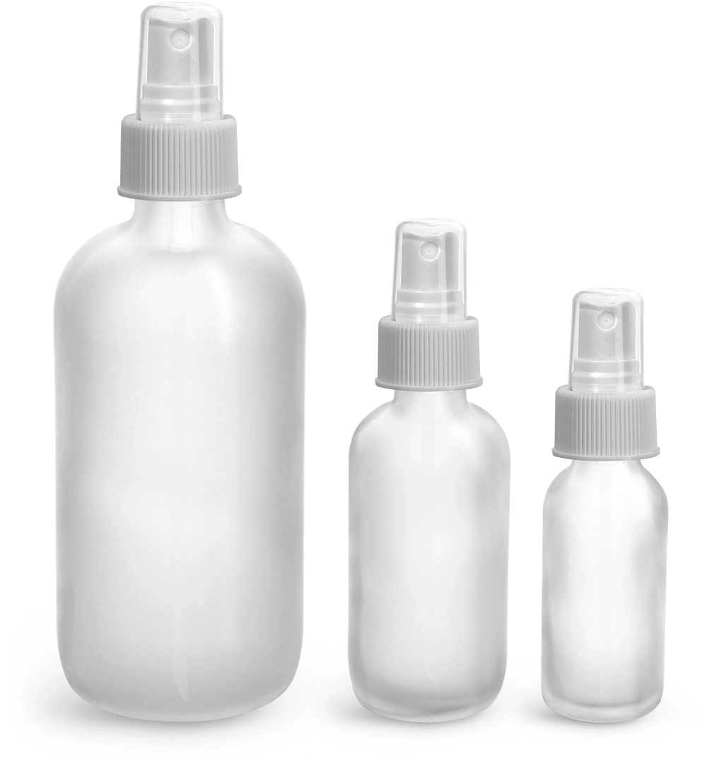 Clear Frosted Glass Boston Round Bottles w/ White Ribbed Sprayers
