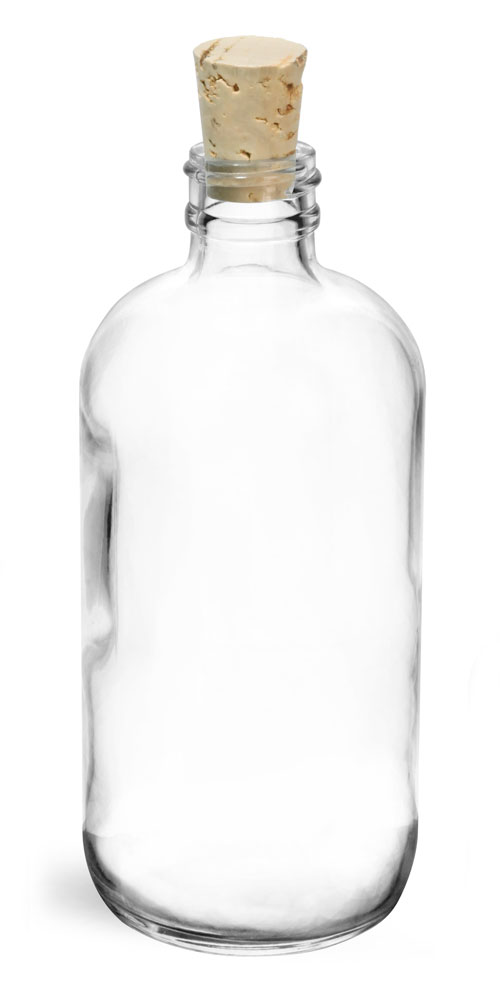 SKS Bottle & Packaging 8 oz Clear Glass Boston Rounds w/ Cork Stoppers