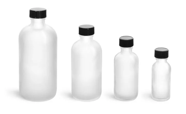 Glass Bottles, Frosted Glass Boston Round Bottles w/ Black Phenolic Cone Lined Caps