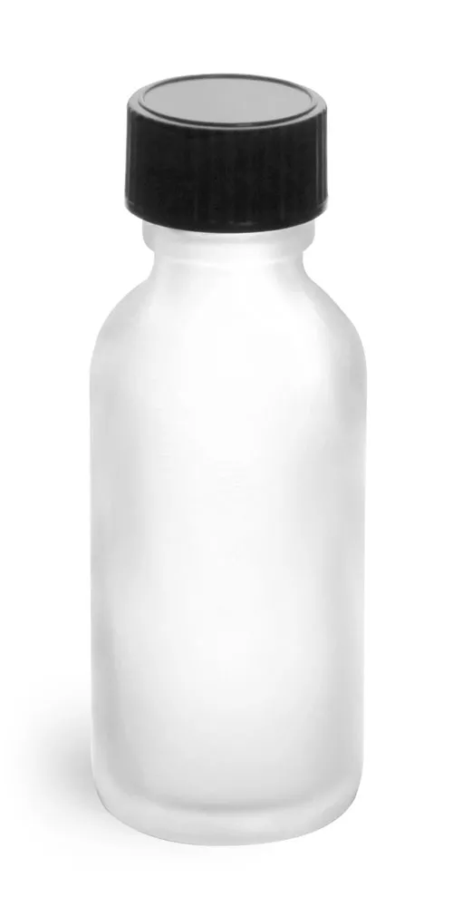 1 oz Frosted Glass Round Bottles w/ Black Phenolic Cone Lined Caps