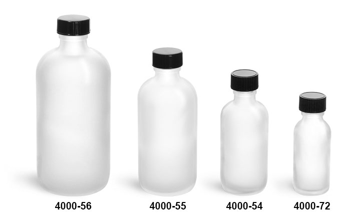 Glass Bottles, Frosted Glass Boston Round Bottles w/ Black Phenolic Cone Lined Caps