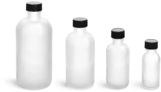 Glass Bottles, Frosted Glass Boston Round Bottles w/ Black Phenolic Cone Lined Caps