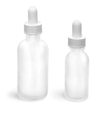 Glass Bottles, Frosted Glass Boston Round Bottles w/ White Bulb Glass Droppers