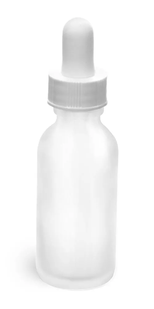 1 oz Glass Bottles, Frosted Glass Rounds w/ White Bulb Glass Droppers