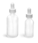 Frosted Glass Boston Round Bottles w/ White Bulb Glass Droppers